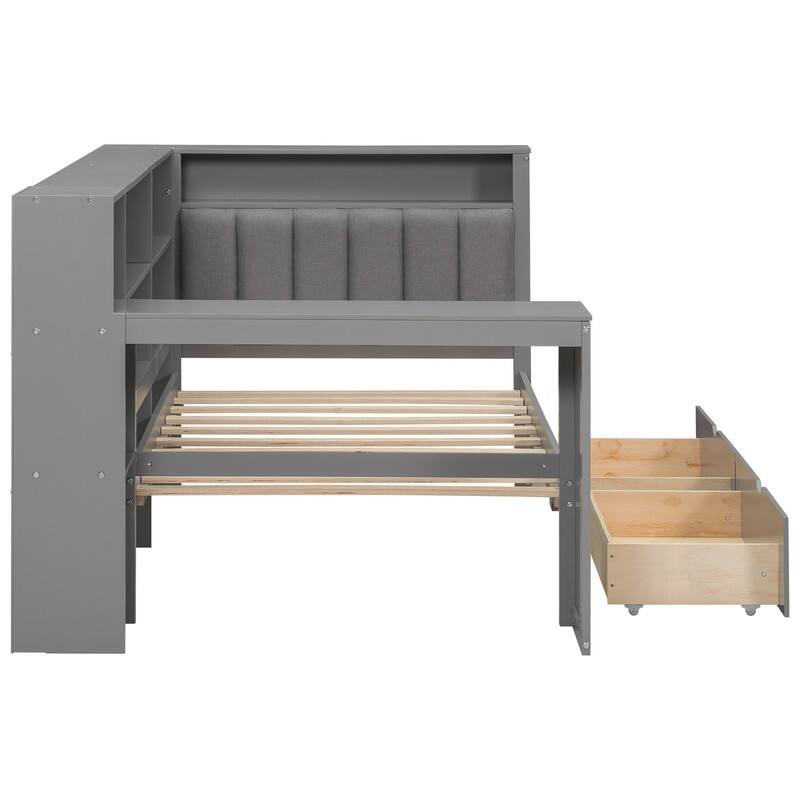 Twin/Full Size Storage Platform Bed w/ Shelves & Drawers, Wooden Daybed w/ Upholstered Headboard, Charging Station & Light