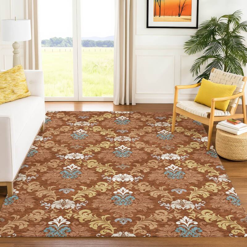 Machine Washable Indoor/ Outdoor Damask Patna Chantille Rug