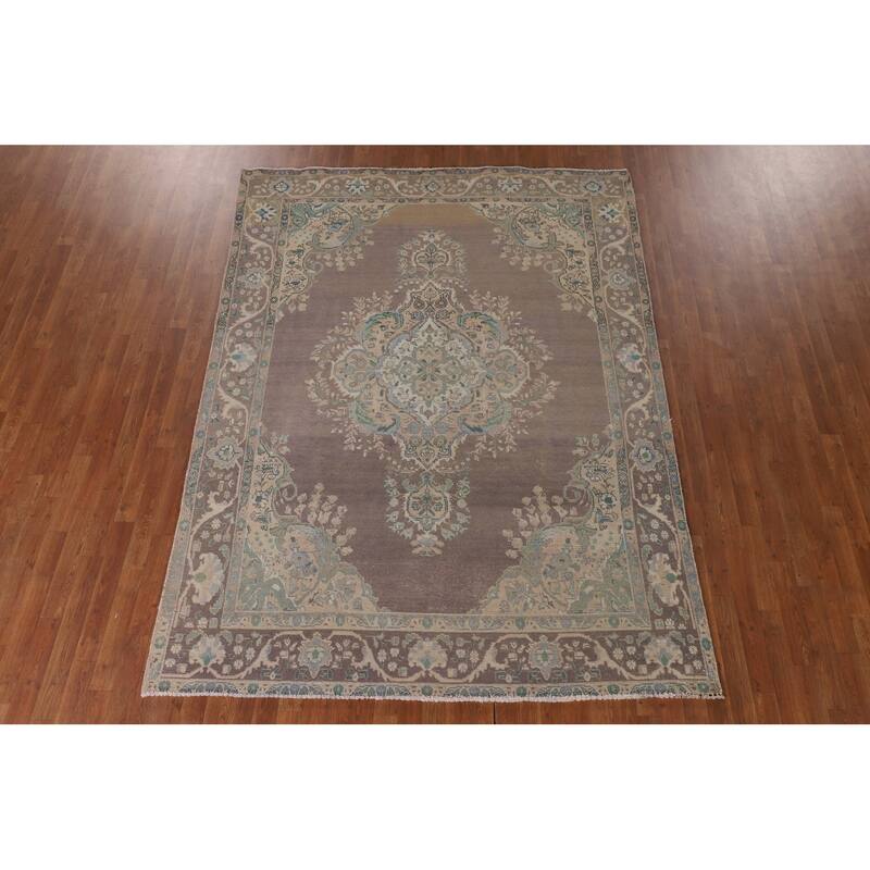 Distressed Tabriz Persian Vintage Area Rug Hand-Knotted Wool Carpet - 6'9"x 9'2"