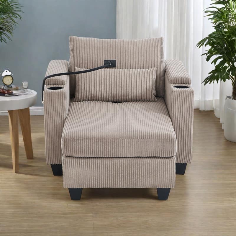 Corduroy Convertible Lounge Chaise with USB Ports, Cup Holders and Storage