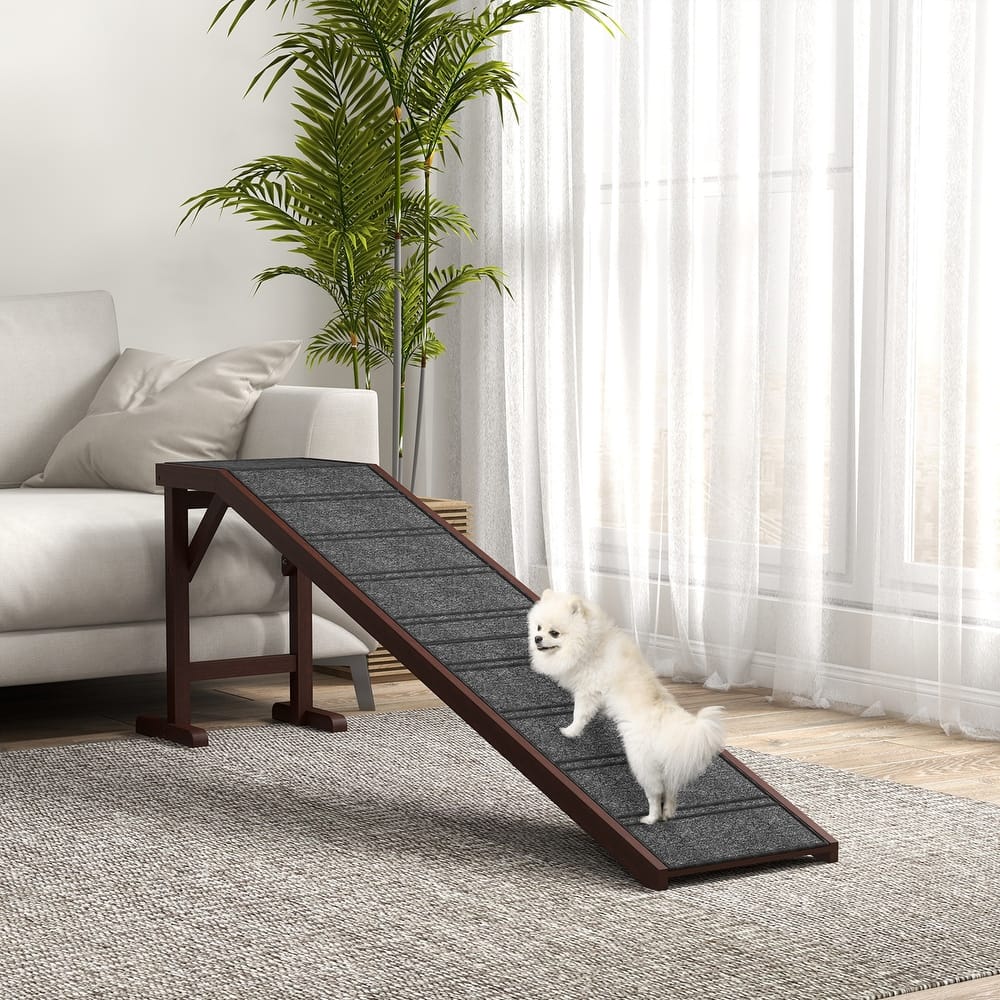 PawHut Pet Ramp for Dogs Non-slip Carpet Top Platform Pine Wood 69.75"L x 16"W x 25"H, Brown Grey