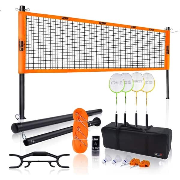 slide 1 of 1, GSE™ Professional Portable Badminton Complete Set with Badminton Net, 4 Rackets & 3 Shuttlecocks - Outdoor Backyard Beach Games