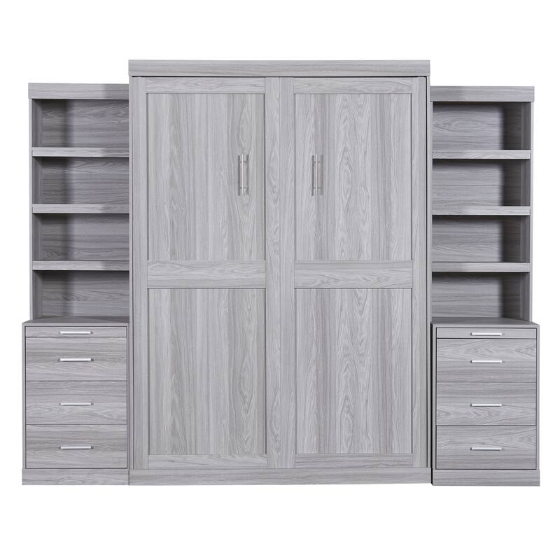 Wood Full Size Murphy Bed with Side Storage Shelves and Drawers, Hidden Foldable Into Cabinet Platform Bed, No Box Spring Needed