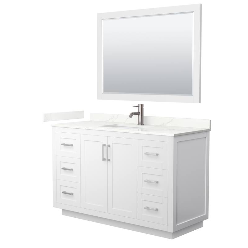 Miranda 54-inch Single Vanity, Quartz Top, 46-inch Mirror - White, Nickel Trim, Giotto Quartz Top