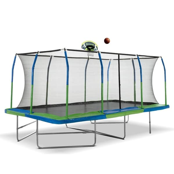 slide 2 of 7, Machrus 10'x17' Rectangle Trampoline w/ Premium Top-Ring Enclosure System and Trampoline Basketball Hoop with Ball & Pump - Blue