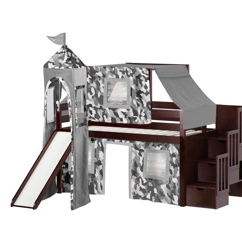 JACKPOT Prince & Princess Low Loft Twin Bed, Stairs Slide Tent & Tower