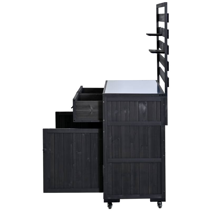 Solid Wood 64.9''Tall Outdoor Kitchen Island Kitchen Cart, Garden Potting Bench with Stainless Table Top for BBQ