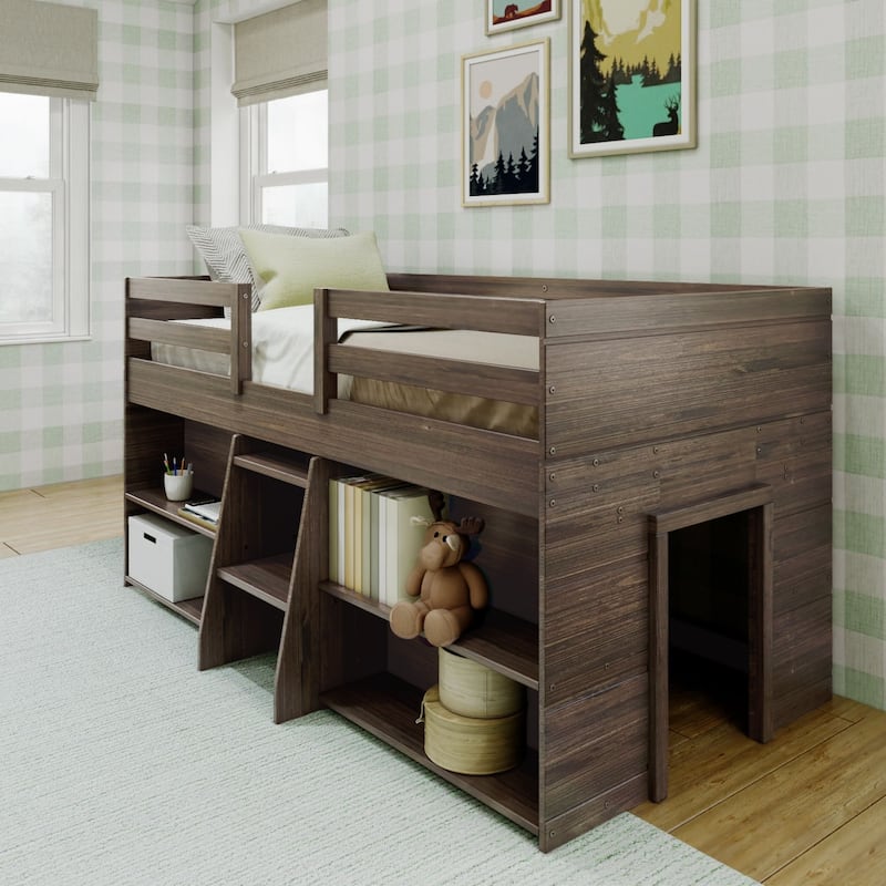 Max and Lily Farmhouse Twin Low Loft Bed with 2 Bookcases - Barnwood Brown