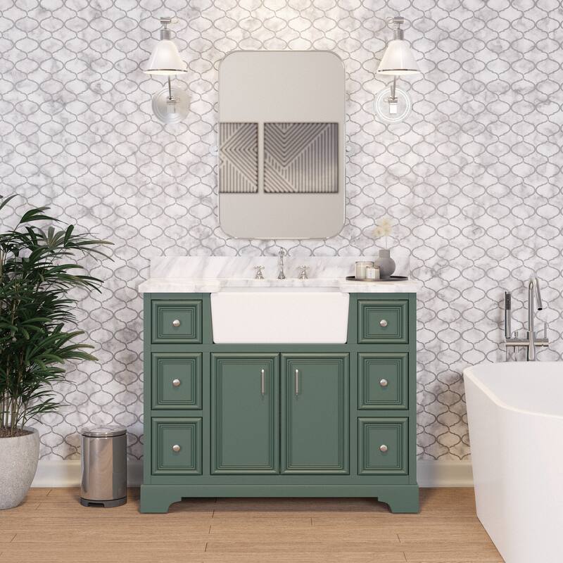 KitchenBathCollection Zelda 42" Farmhouse Bathroom Vanity with Carrara Marble Top - Sage Green
