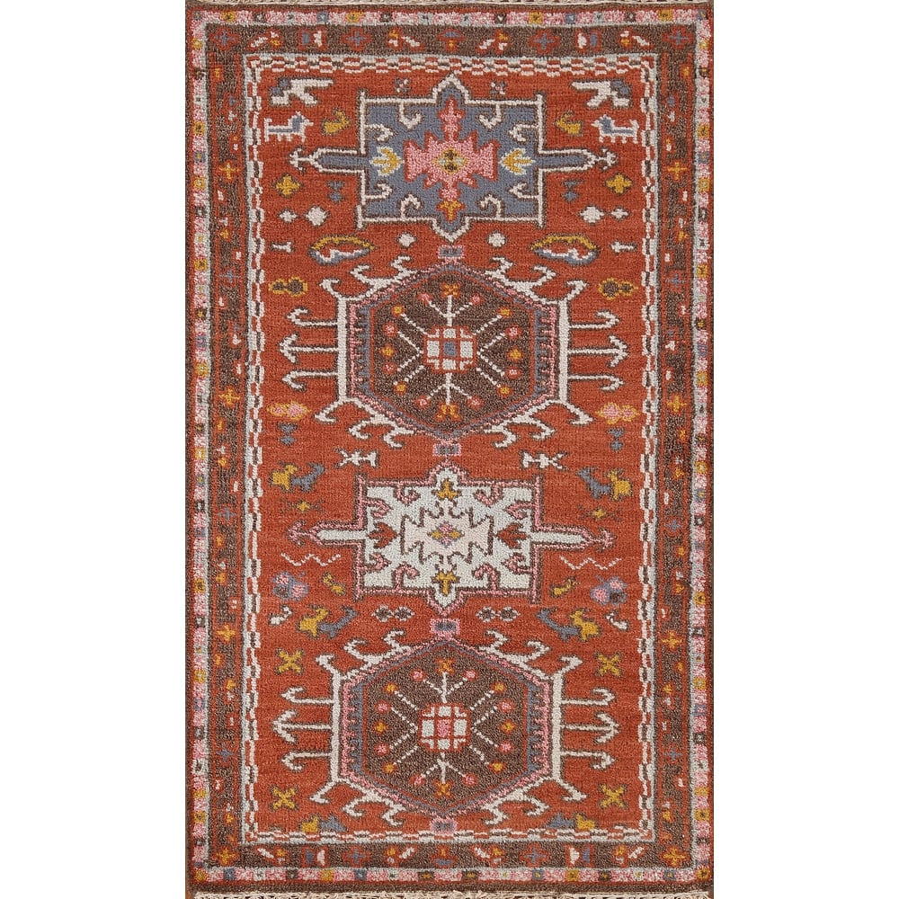 Orange Geometric Kazak Indian Area Rug Handmade Wool Carpet - 2'7"x 5'0"