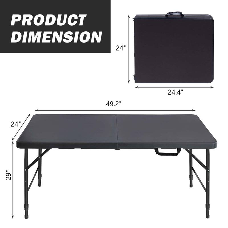 Black Plastic Folding Table, Rectangular Patio Table with Steel Tube Legs and Carry Handle