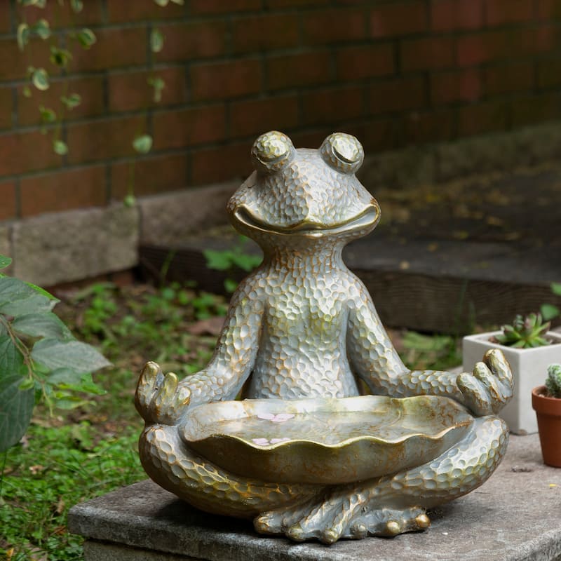 MGO Bronze Meditating Yoga Frog Statue with Birdbath Zen-style Sculpture Indoor Outdoor Figurine by Glitzhome