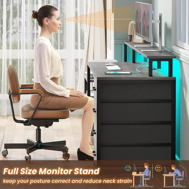 Home Computer Desk File Drawer & Power Outlet 5 Drawer Monitor Shelf