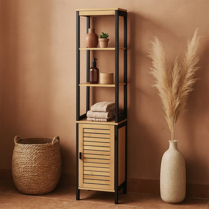 Natural Slim Storage Cabinet with Shelves, Modern Black Frame - 13.4"L x 12"W x 68"H