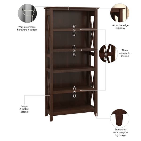 dimension image slide 5 of 15, Bush Furniture Key West Tall 5 Shelf Bookcase with Adjustable Shelves