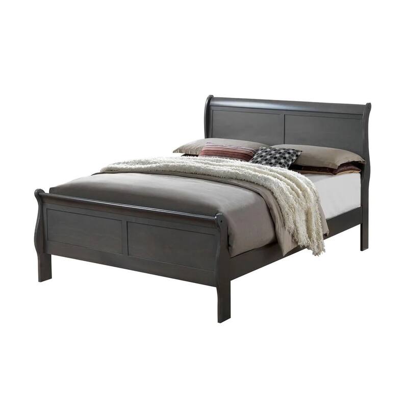 Queen Size Solid Wood Sleigh Bed with Gray Louis Philippe Finish and Bracket Feet