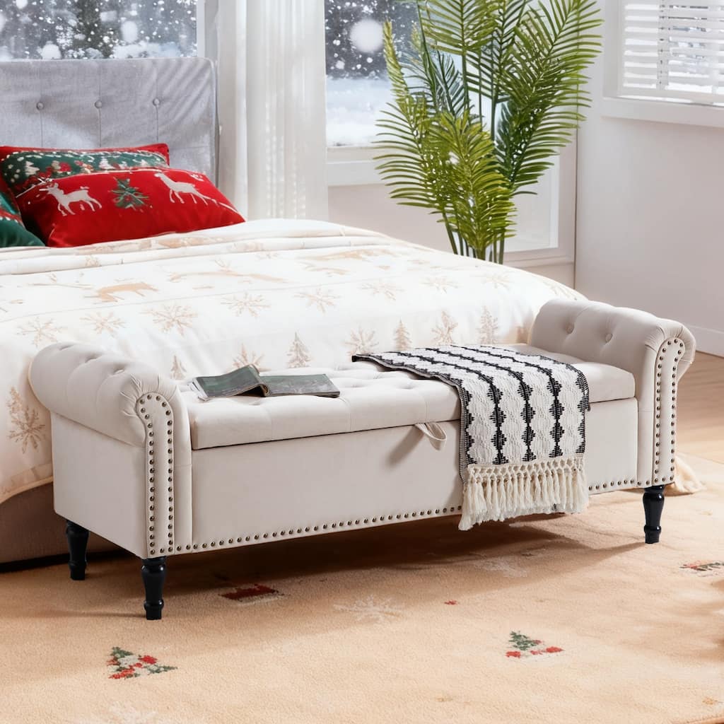 67" Velvet Tufted Storage Bench for Bedroom End of Bed with Roll Arms