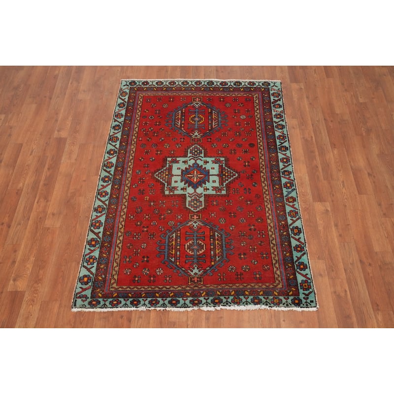 Hand Knotted Oriental 100% Wool Carpet Traditional Medallion Red Heriz Area Rug - 5' 4'' X 3' 8''