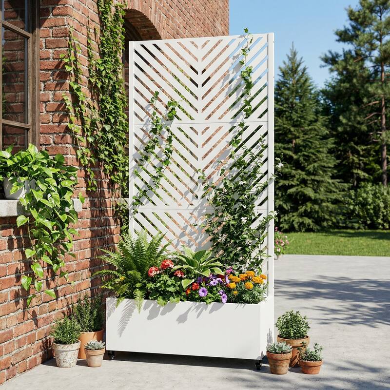 Raised Garden Bed Planter with Trellis Movable Planter Box with Lockable Wheels - 72*35 - White