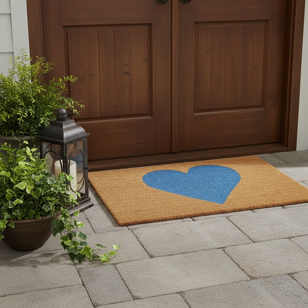 HomeRoots 24" X 48" Brown And Blue Heart Outdoor Coir Door Mat - 24.00' X '48.00