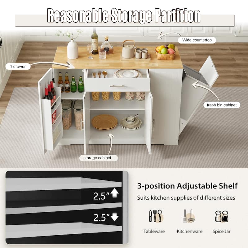 53'' Kitchen Storage Islands with Drawers and Trash Can Storage for Kitchen & Dining. Modern Farmhouse Design