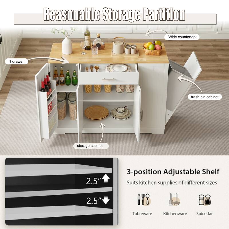 Kitchen Island with Hidden Trash Can, Multi Functional Mobile Island Table, Breakfast Bar with Drawer & Adjustable Shelves
