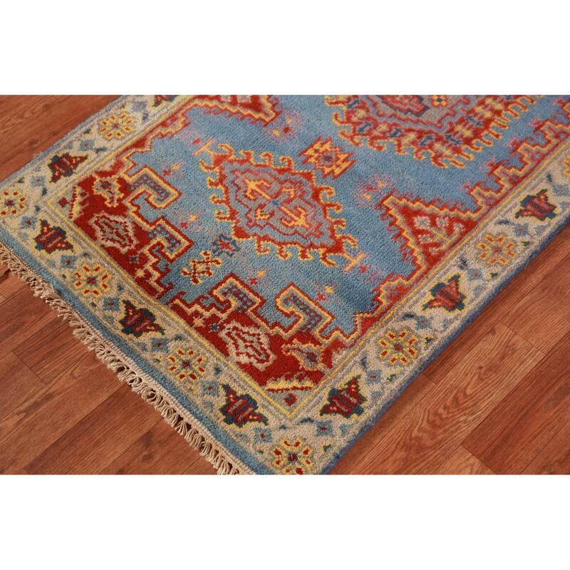 Hand Knotted Oriental 100% Wool Carpet Traditional Geometric Navy Blue & Blues Viss Runner Rug - 10' 0'' X 2' 6''
