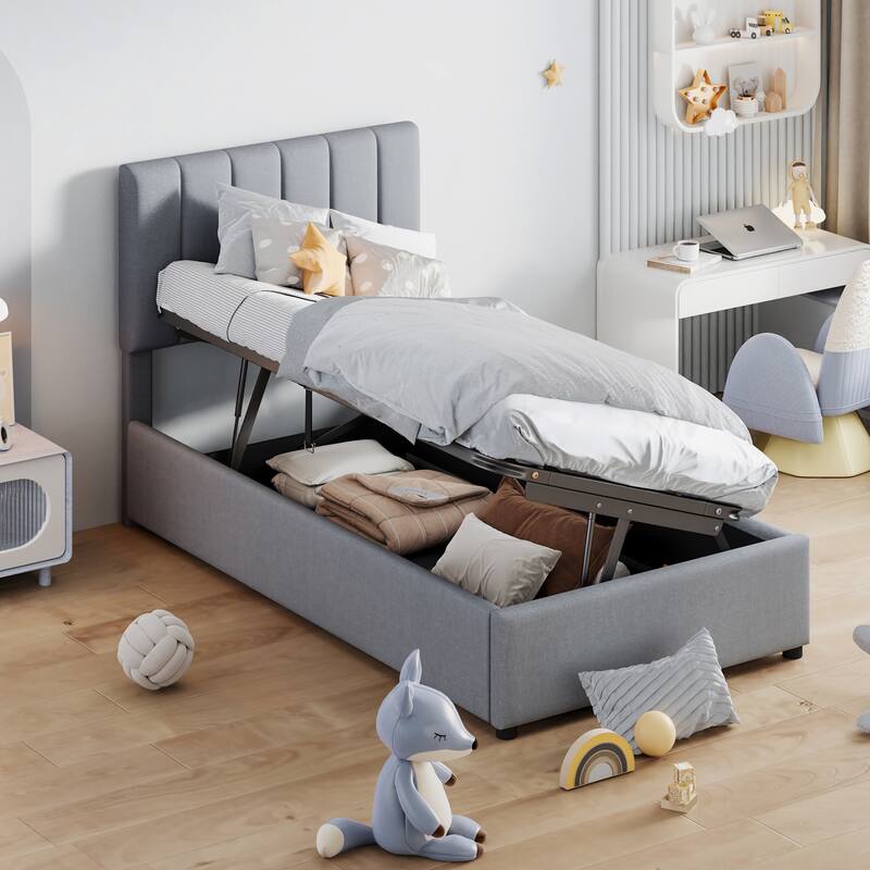 Lift Up Storage Platform Bed Frame, Wood Low Profile Panel Bed with Hydraulic Storage System, Vertical Striped Headboard
