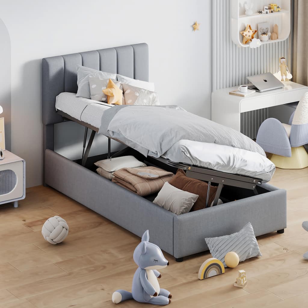 Twin Size Upholstered Platform Bed with a Hydraulic Storage System