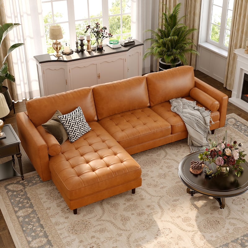 Costway 105'' Air Leather L-Shaped Sectional Sofa w/ Chaise Lounge & 2 - 105'' x 64.5'' x 33.5''