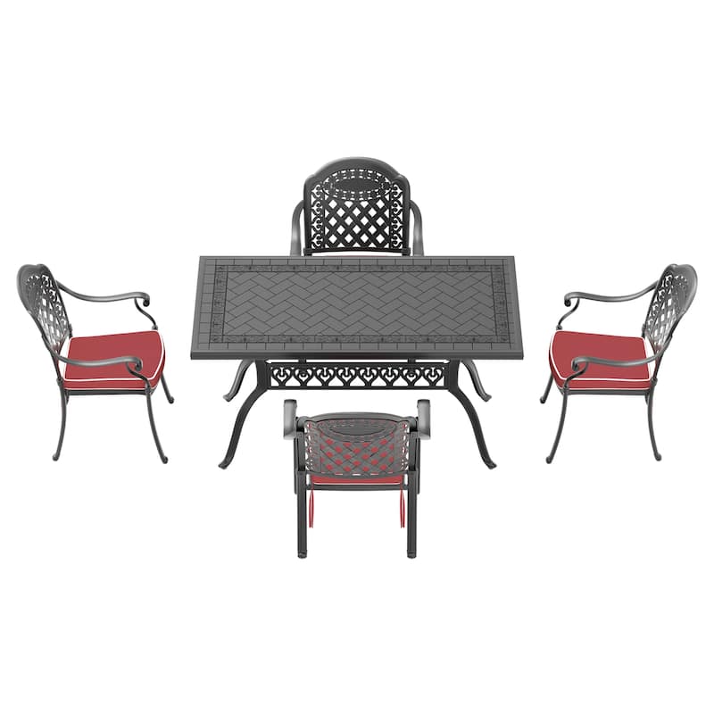 5/7-Piece Cast Aluminum Outdoor Dining Set with 59.06'' L X 35.43'' W Rectangular Table and Random Color Seat Cushions