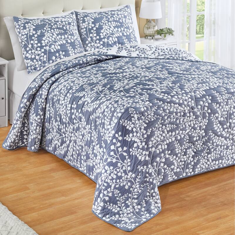 Jacquard Textured Leaf Design Reversible Bedspread - Navy - Twin