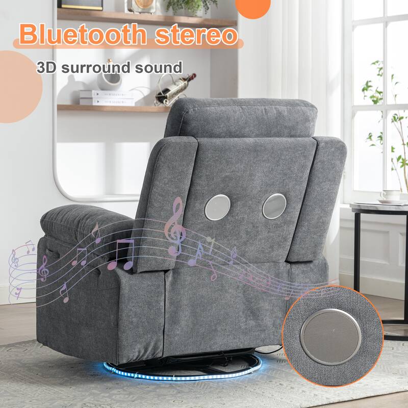 Power Recliner Glider Chair With Bluetooth Speaker 270 Degree Swivel With LED Light Side Arm With Storage Pockets