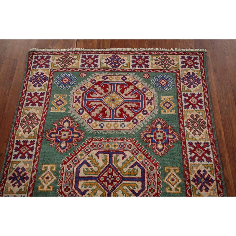 Traditional Green Kazak Accent Rug Hand-Knotted Wool Carpet - 3'5" x 4'11"
