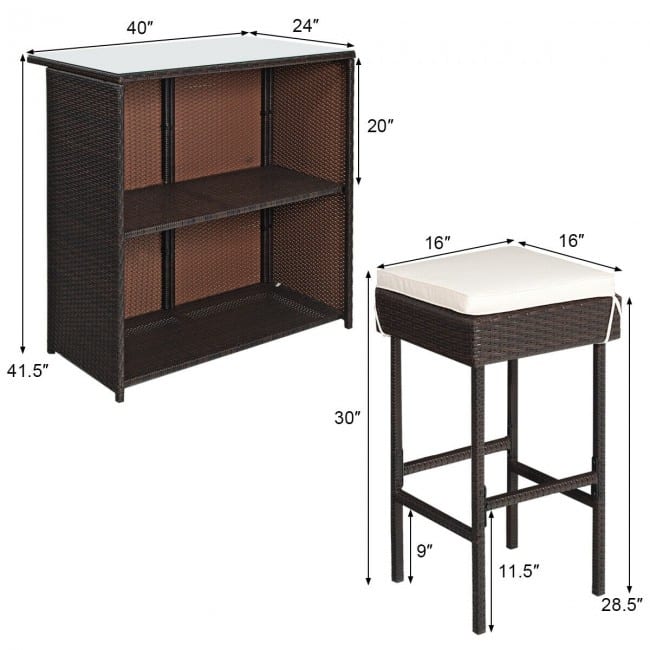 3-Piece Patio Rattan Wicker Bar Set with 2 Cushioned Stools for Outdoor Entertaining - 40" x 24" x 41.5" (L x W x H)