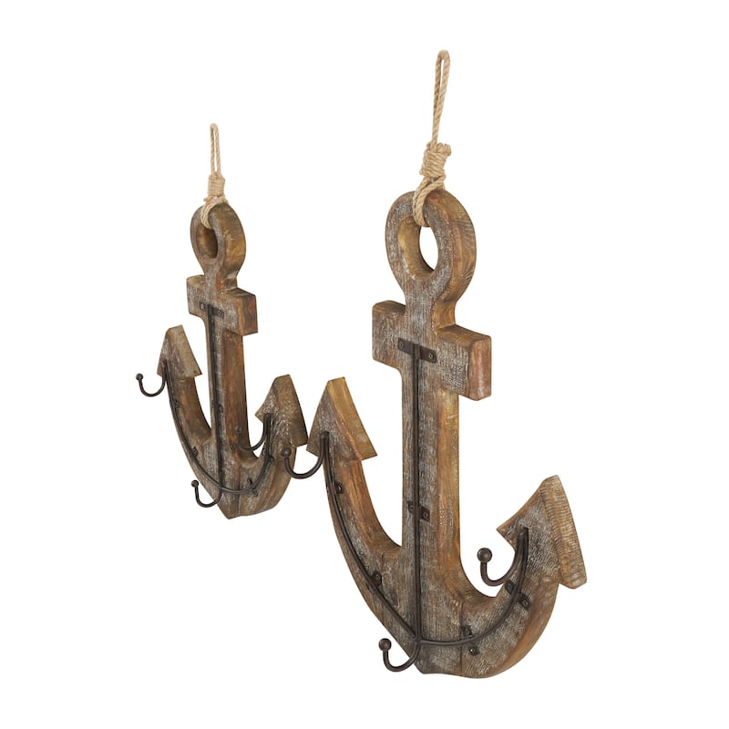 Wood Anchor Whitewashed 4 Hanger Home Wall Hook with Hanging Rope and Bronze Metal accents - Set of 2 Brown - Roche River Decor