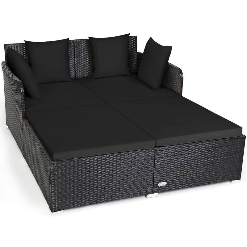 Outdoor Rattan Daybed with Cushions for Patio Garden Lounge Seating - Black