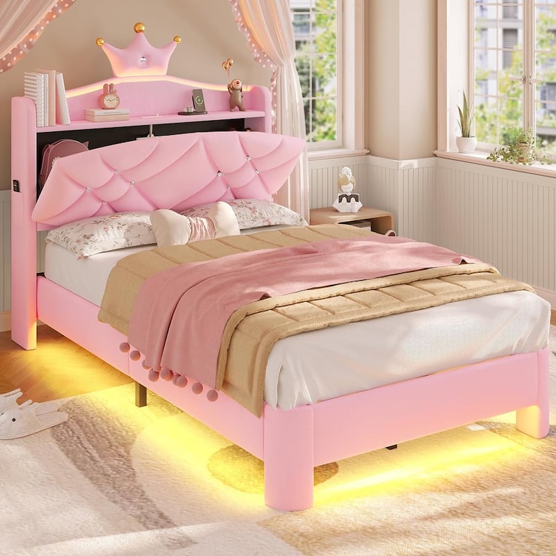 Princess Upholstered Bed with Headboard Charging Station Crystal Button Crown