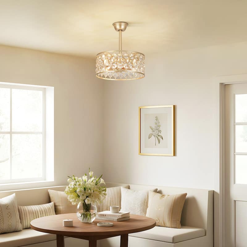 4-Light Luxury Crystal Gold Ceiling Fan Light with Remote for Living Room - 18.5 in. W x 7.9 in. H