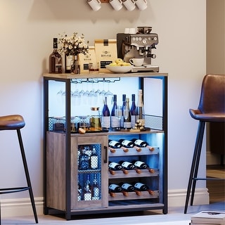 3-Tier Wine Bar Cabinet with LED Lights, Detachable Wine Rack and Storage Space,Grey - 27.2x13.8x36.2in
