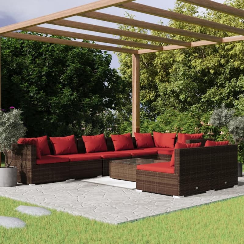 vidaXL Patio Lounge Set Outdoor Sectional Sofa Set Table Garden Poly Rattan - 27.6" x 27.6" x 23.8" - Brown/Cinnamon red 9 Piece