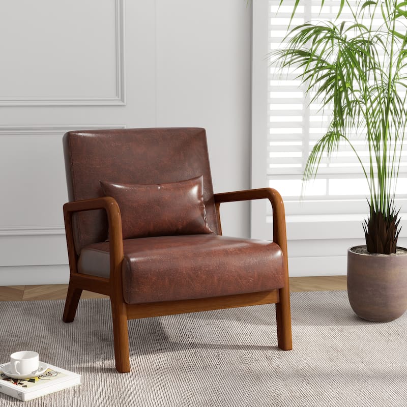Mid Century Solid Wood Upholstered Accent Chair - COFFEE/PU/BROWN WOOD LOW SIDE FRAME