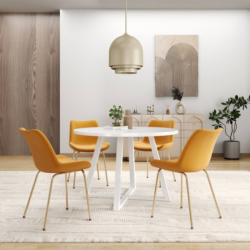 White Gold Velvet Upholstered Dining Chairs with Metal Legs, Trestle Round Dining Table, Elegant Dining Table and Chair Set