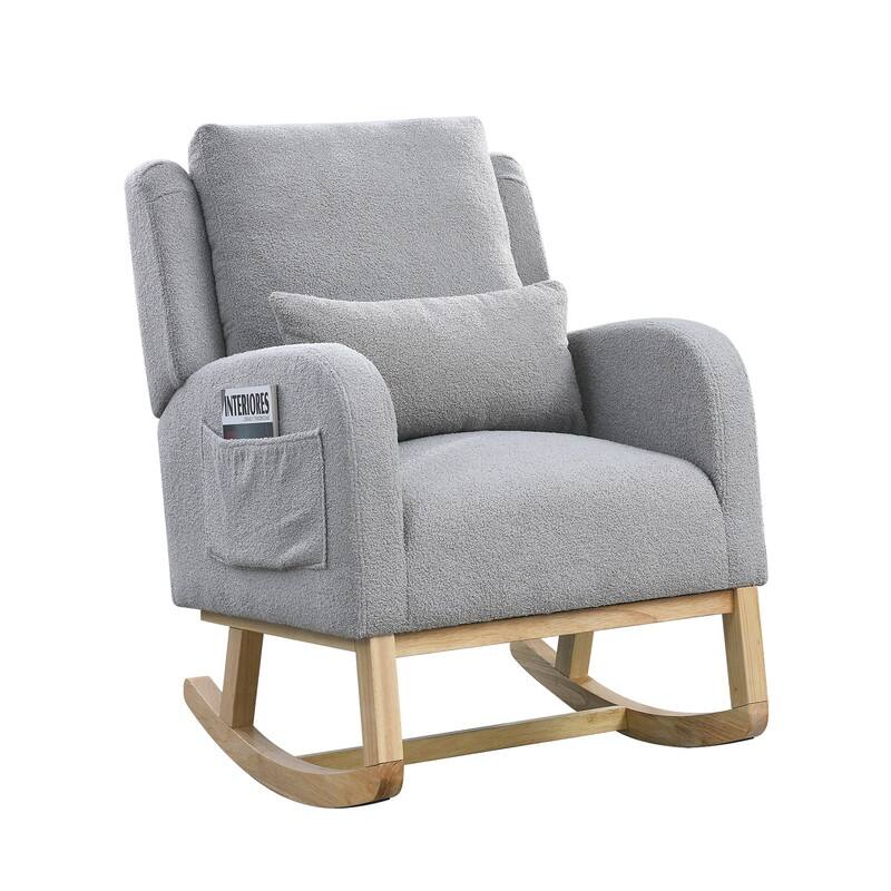 Grondin Modern Style Rocking Chair, Teddy Fabric Upholstered Nursery Rocker with Side Pockets