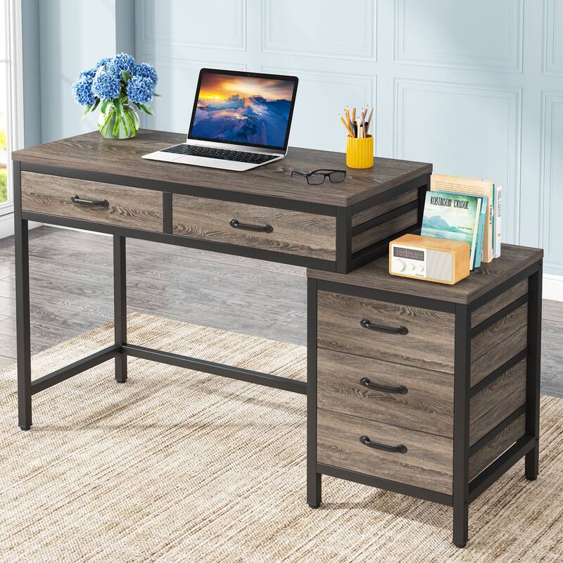 Modern Computer Desk with 5 Drawers, Home Office Desks with Reversible Drawer Cabinet Printer Stand