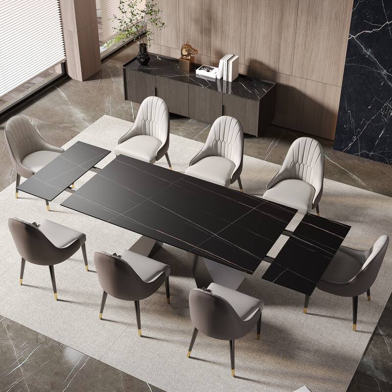 110.24" Extendable Rectangular Sintered Stone Double Pedestal Dining Table Seat 8-10