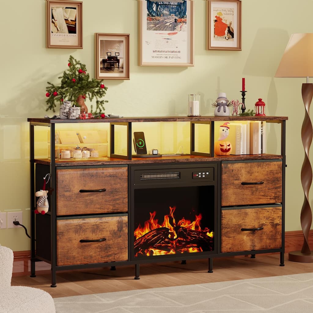 BOSSIN Fireplace TV Stand & Entertainment Center with LED Lights, 4 PU Leather Drawers, Open Shelves, and Built-in Power Outlets