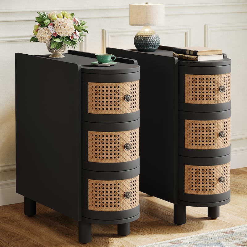 Solid Wood End Table, 3-Drawer Rattan Side Table, Night Stand with Exquisite Embossed Handles - Black Brown - 2PCS