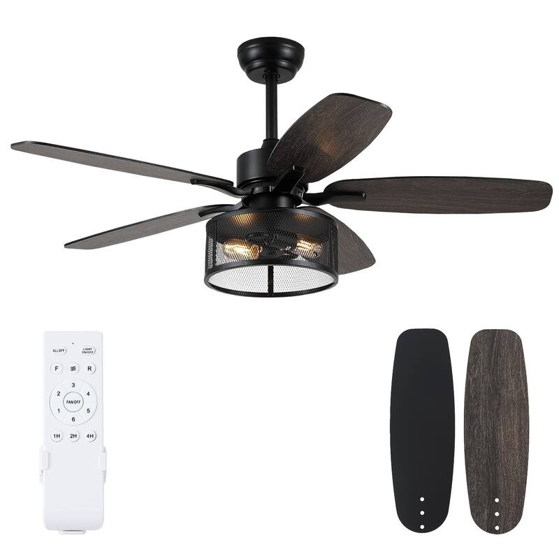 56 Inch Ceiling Fan with Caged Light and Plywood Blades for Farmhouse Living Room Bedroom - 48 Inches - Black and Grey