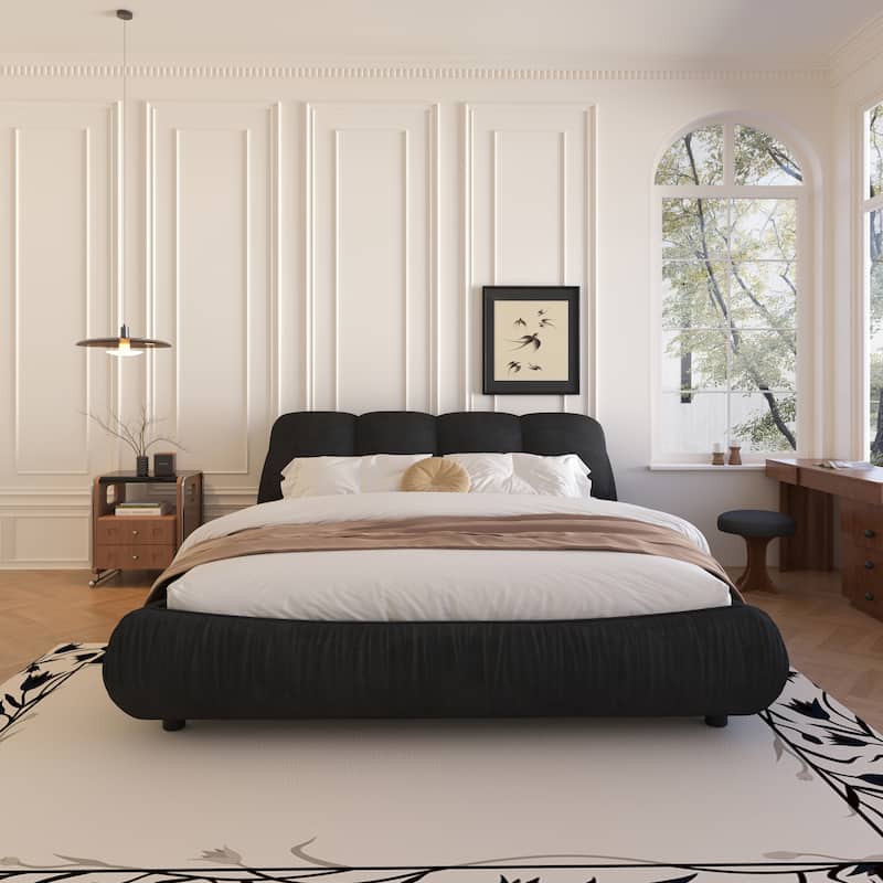 Black Queen Size Luxury Upholstered Platform Bed with Oversized Padded Backrest and Solid Wood Frame - Black